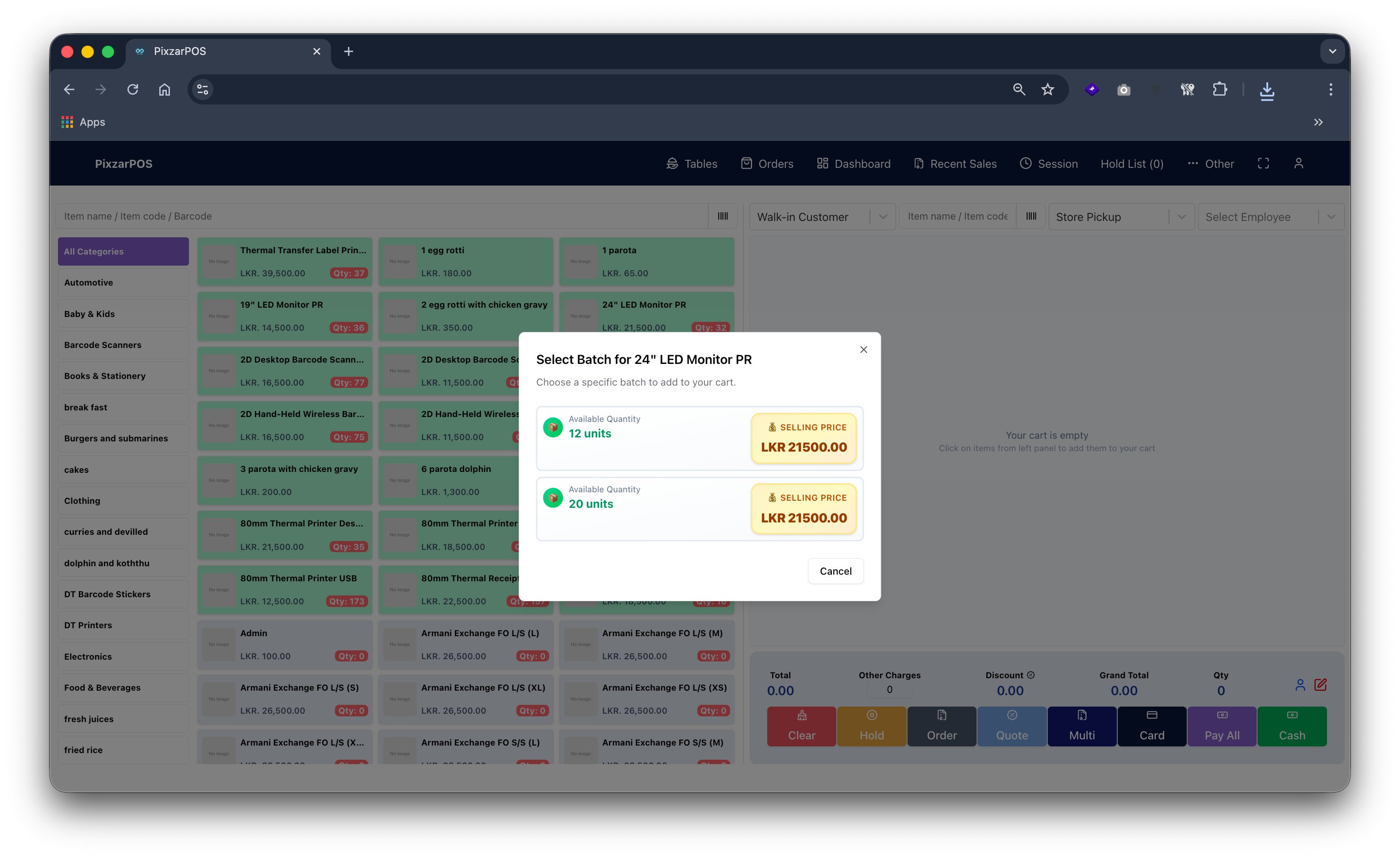 PixzarPOS billing interface screenshot
