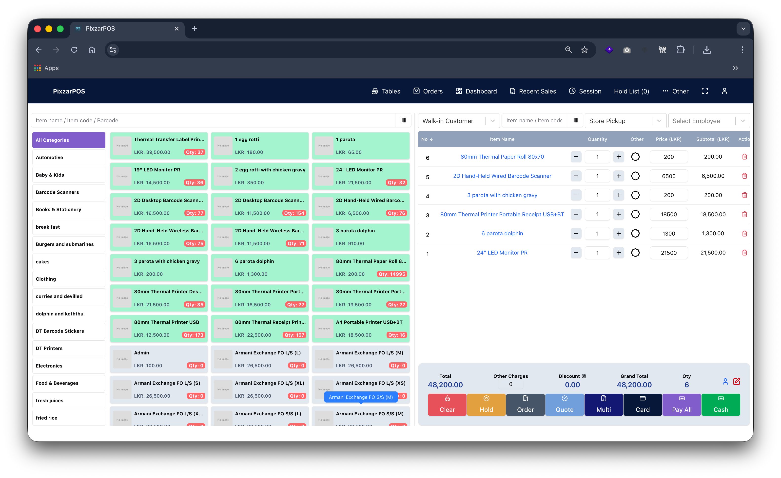 PixzarPOS dashboard overview screenshot